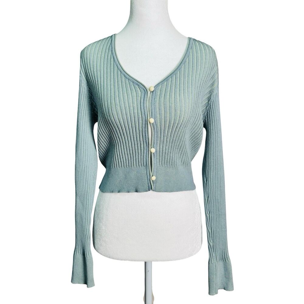 WAYF 98 Womens Dusty Blue Ribbed Button Cardigan Fairy Grunge Y2K Sweater Large